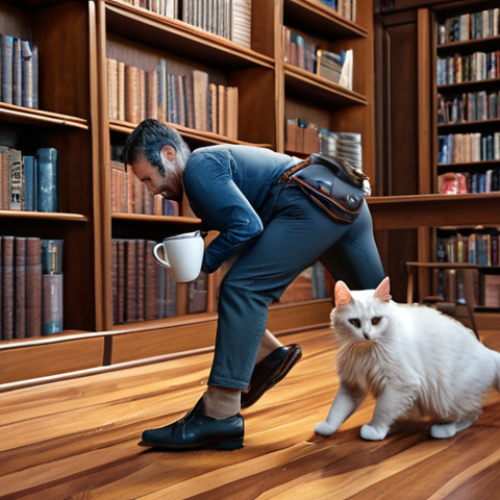 Home 4 **
"Remote worker tripping over a cat while carrying a mug, spilling hot liquid. Bookshelves in the background. Emphasize the potential for accidents during remote work."
**