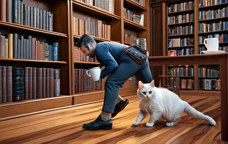 **

"Remote worker tripping over a cat while carrying a mug, spilling hot liquid. Bookshelves in the background. Emphasize the potential for accidents during remote work."

**